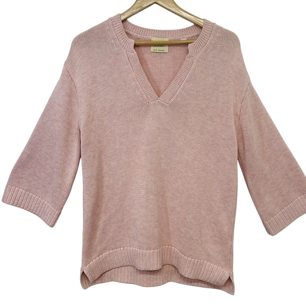 Elie Tahari Sweater Woman Medium V Neck Oversized Pink 3/4‎ Sleeve Viscose Wool